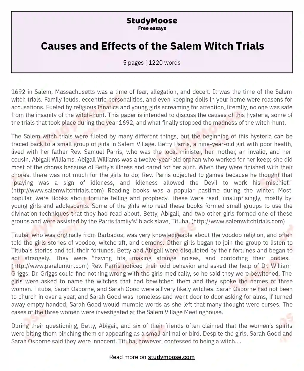 Root Causes and Trials of the Salem Witch Hysteria essay