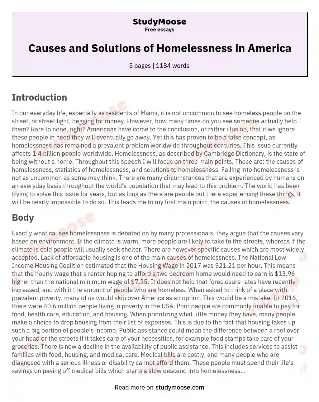 Causes and Solutions of Homelessness in America essay