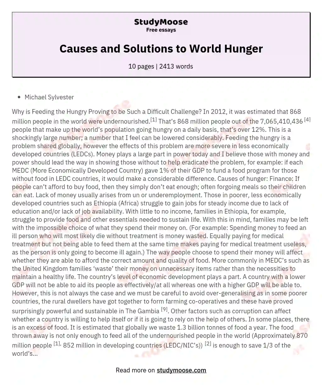 Causes and Solutions to World Hunger essay