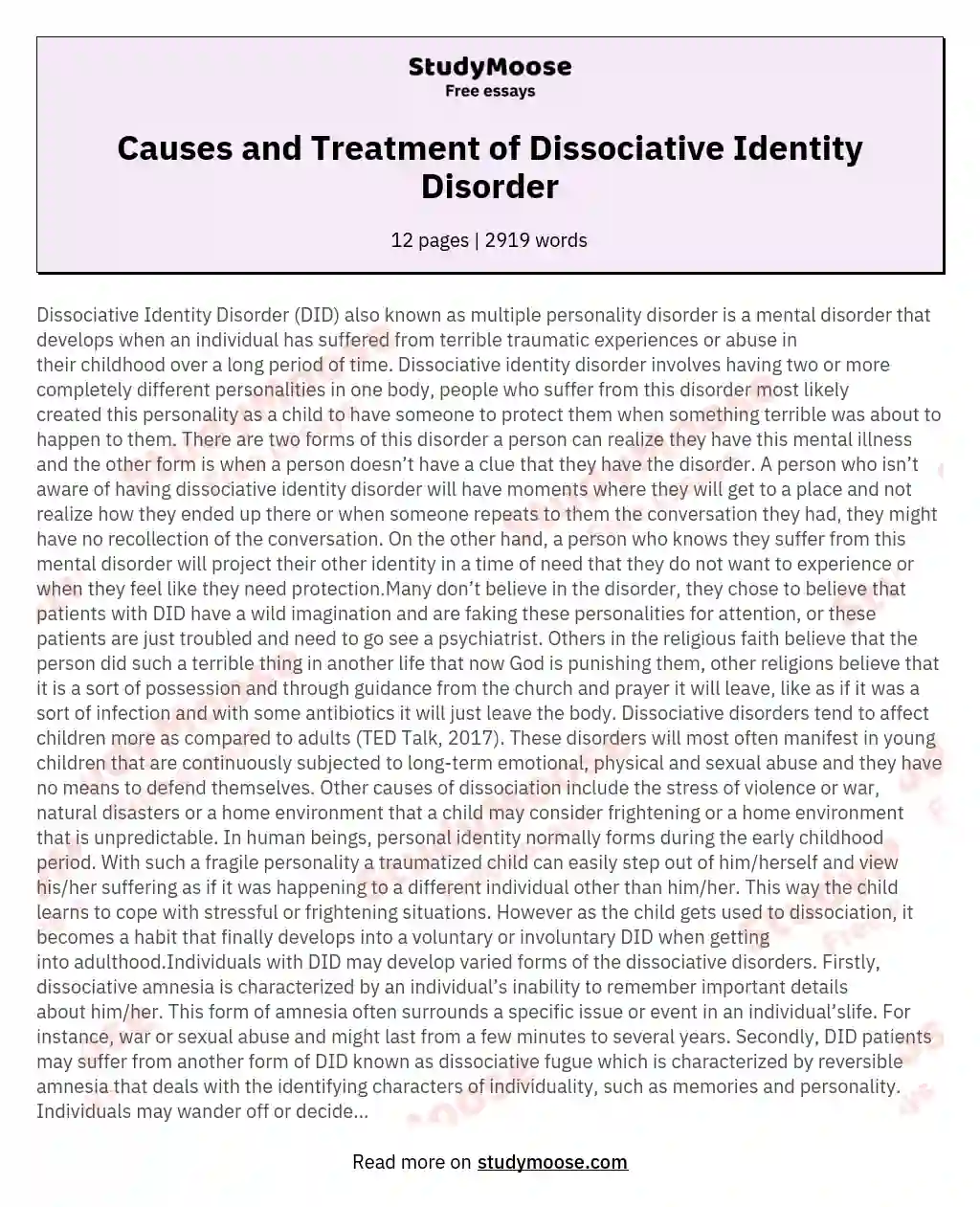 Causes and Treatment of Dissociative Identity Disorder essay