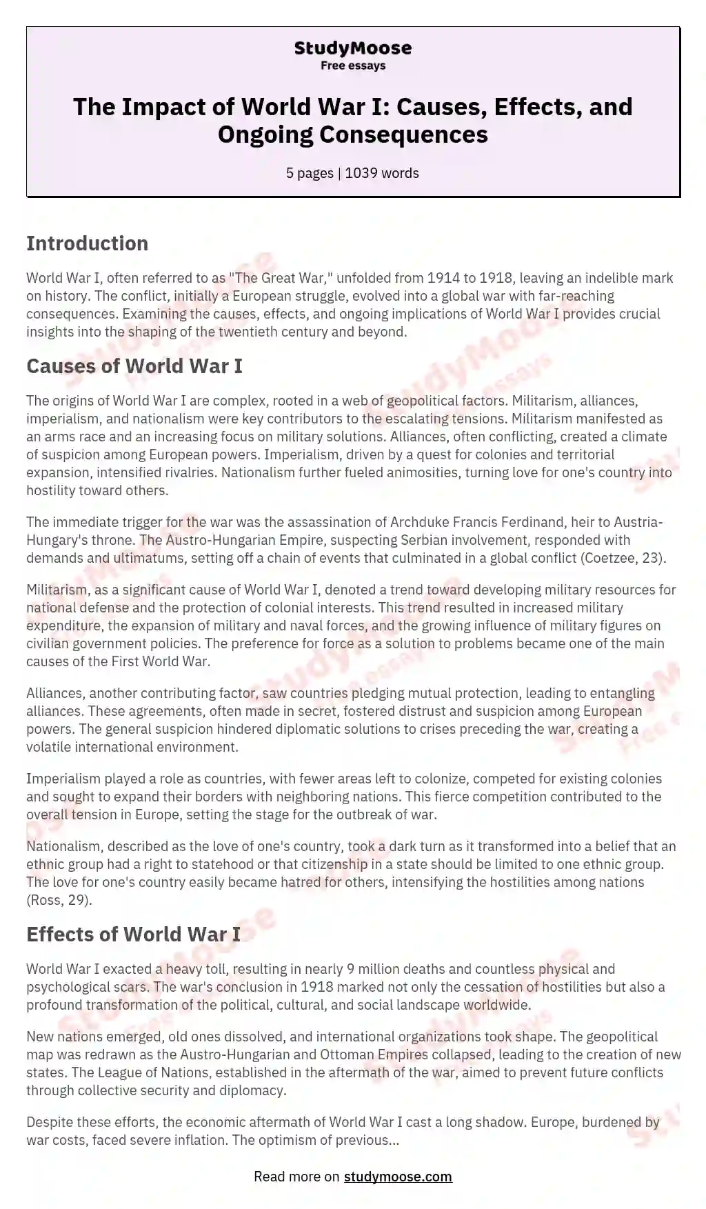 aftermath of world war 1 essay