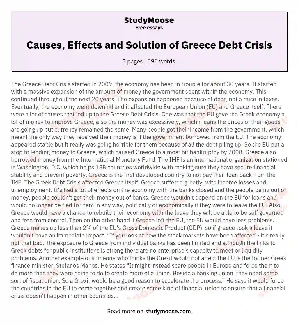 Causes, Effects and Solution of Greece Debt Crisis essay