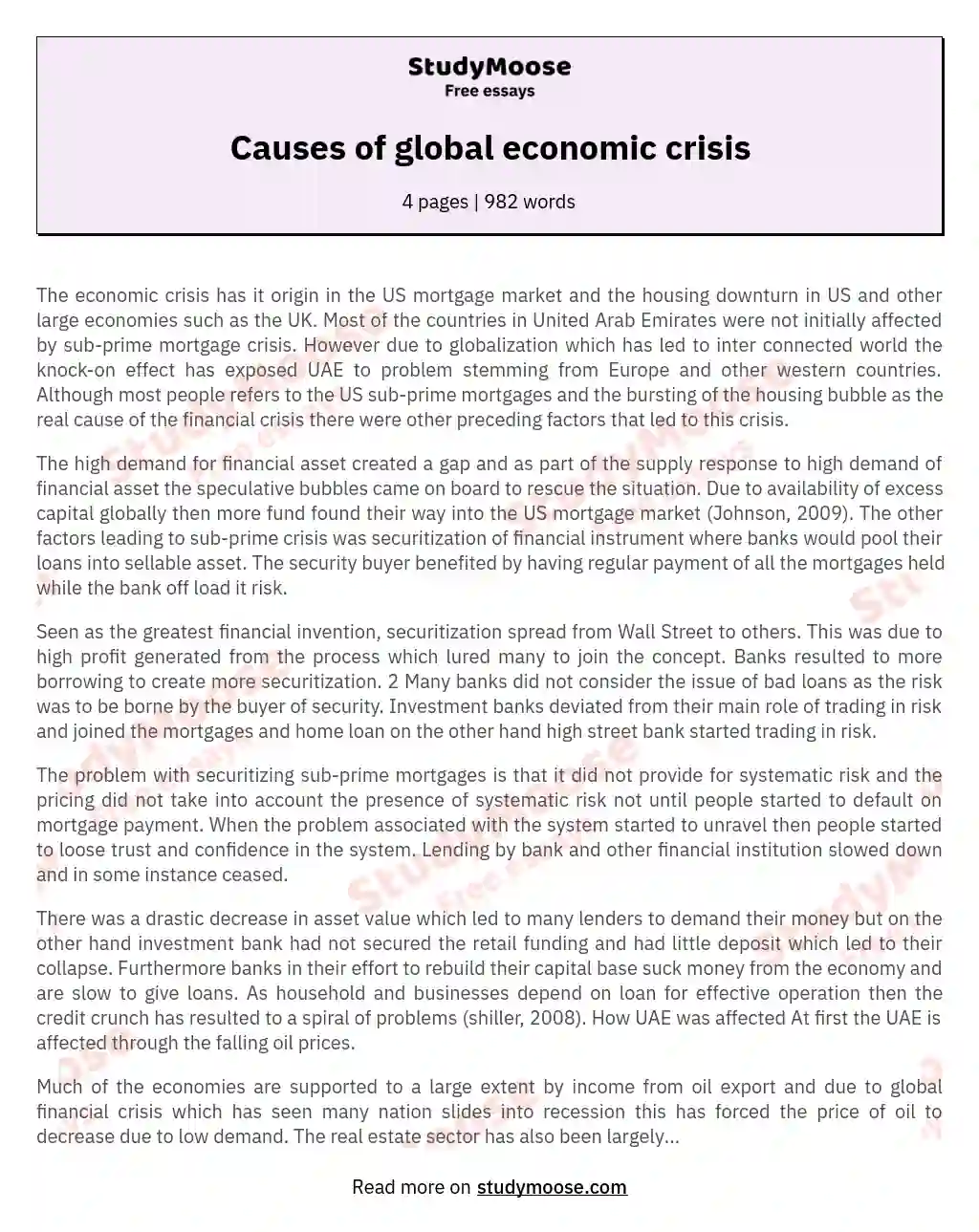 Causes of global economic crisis essay