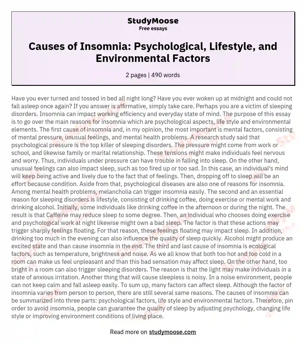 Causes of Insomnia: Psychological, Lifestyle, and Environmental Factors essay