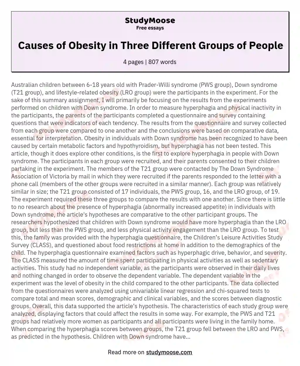 Causes of Obesity in Three Different Groups of People essay