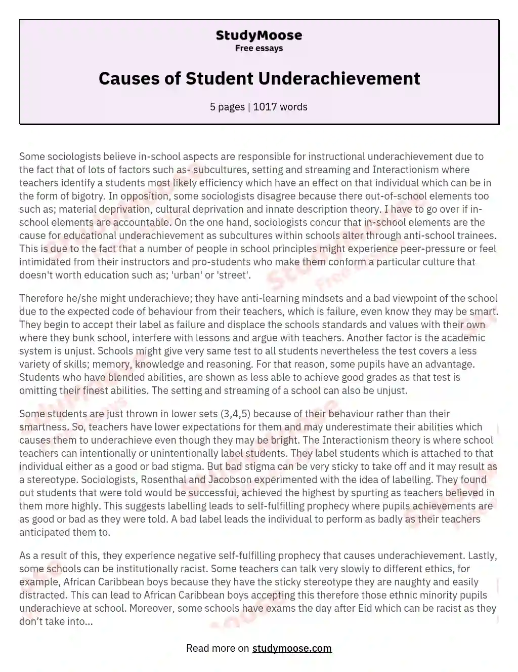 Causes of Student Underachievement essay