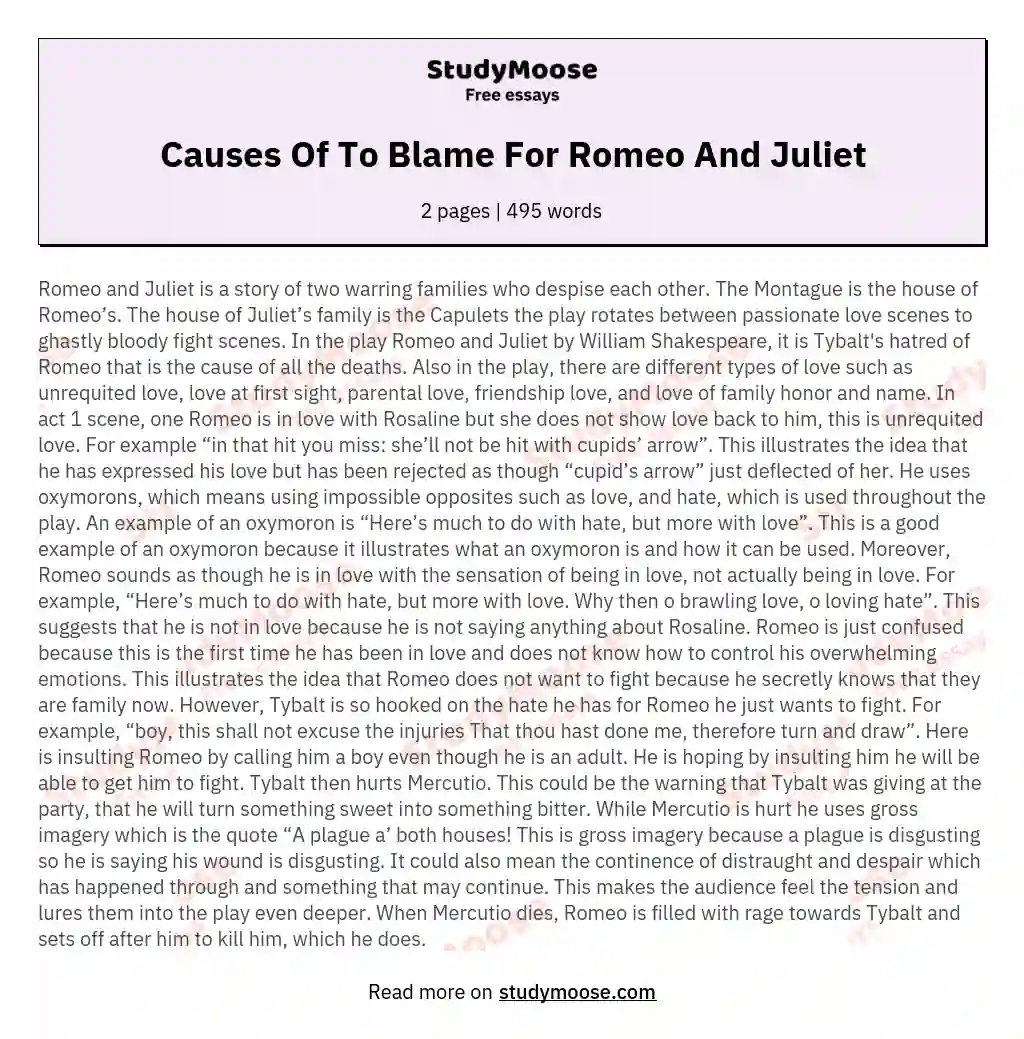 Causes Of To Blame For Romeo And Juliet essay