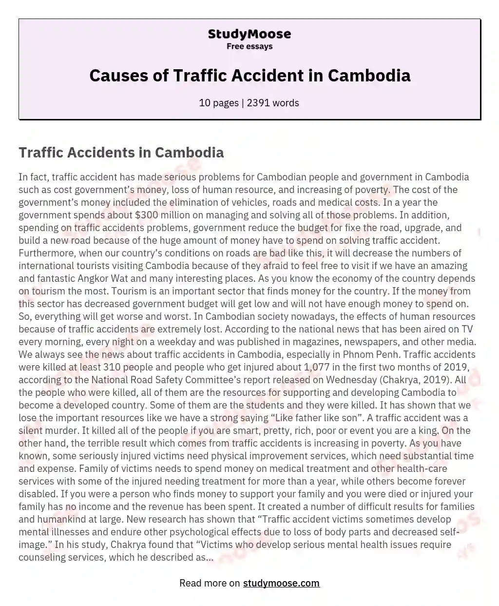 Causes of Traffic Accident in Cambodia
