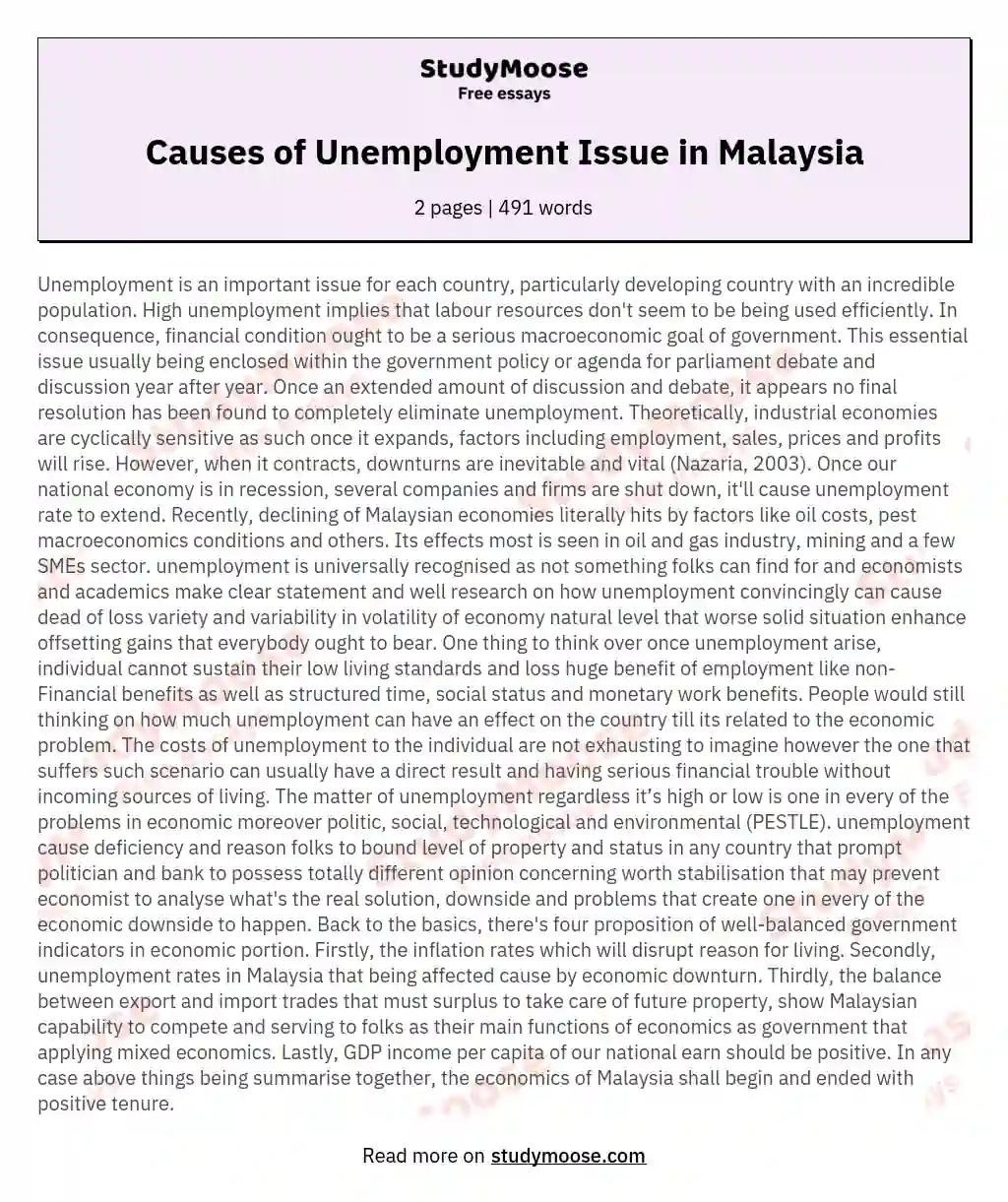 Causes of Unemployment Issue in Malaysia essay