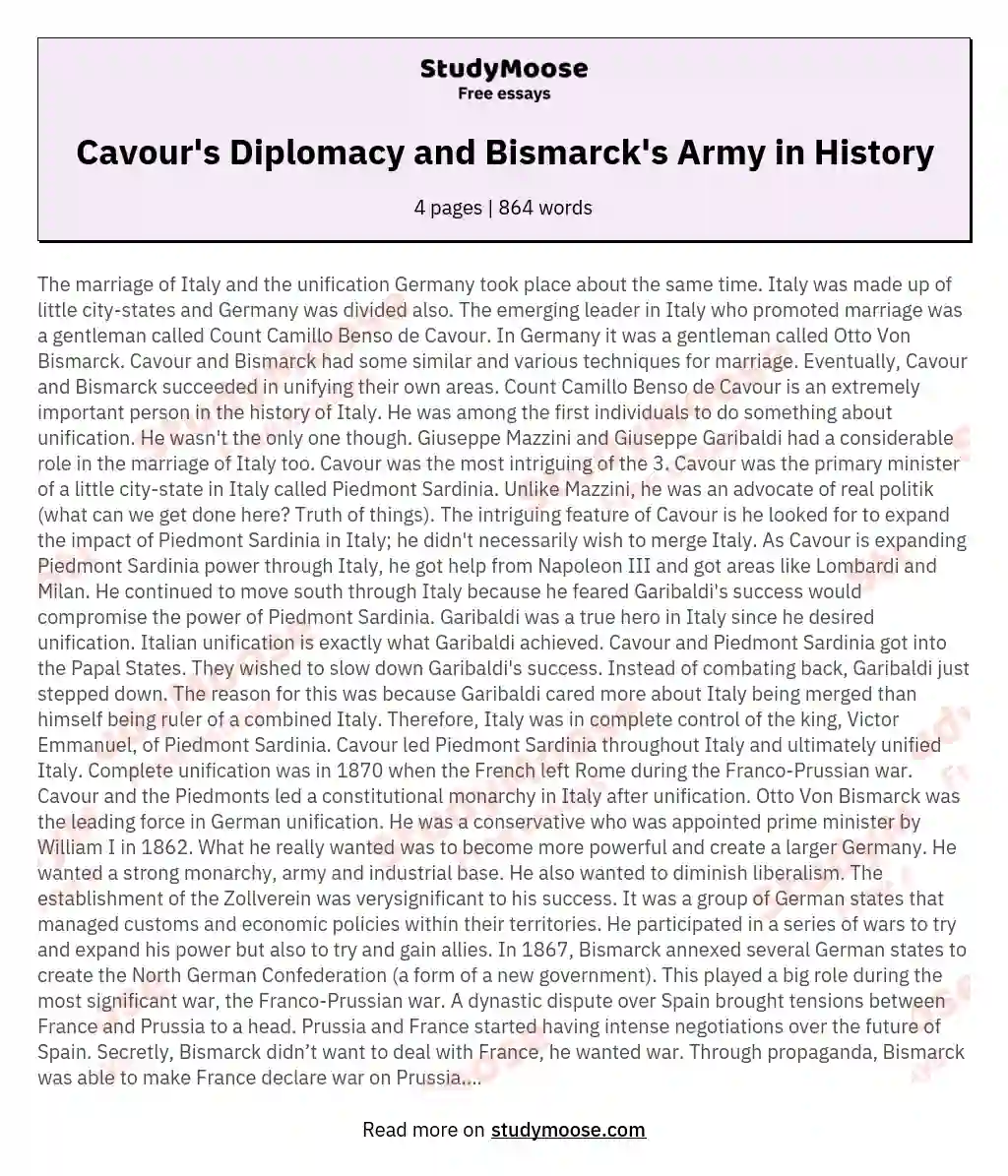 Cavour's Diplomacy and Bismarck's Army in History