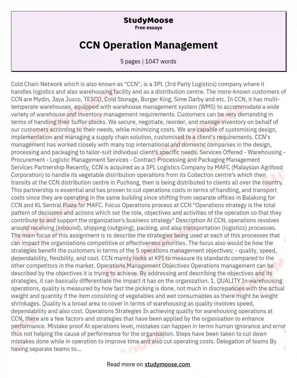 CCN Operation Management essay