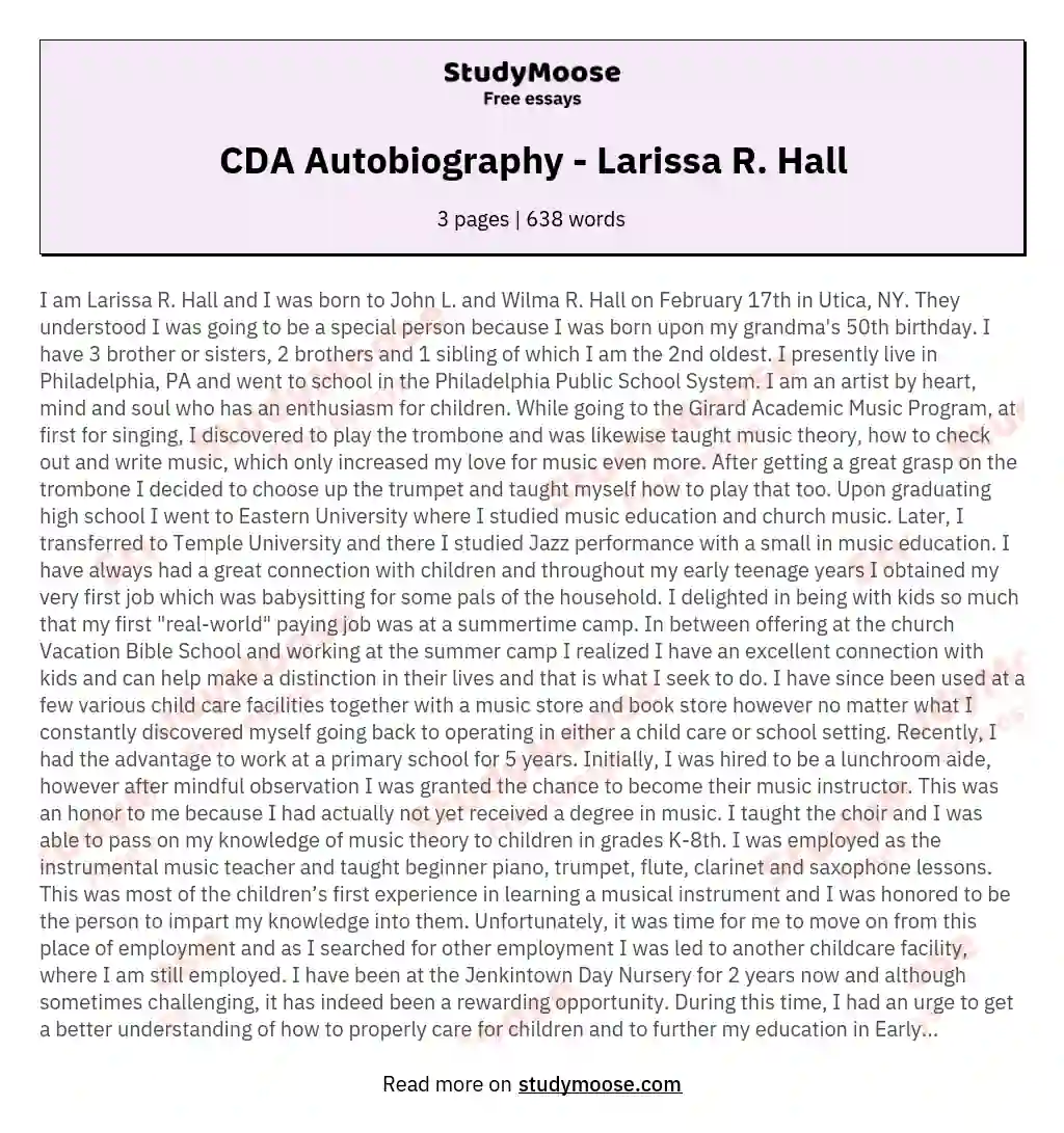 CDA Autobiography - Larissa R. Hall essay