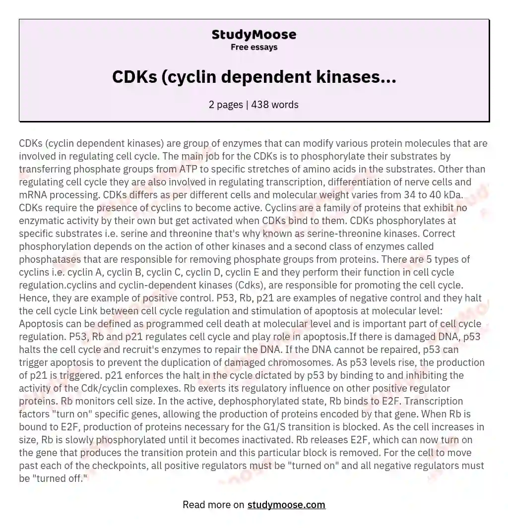 CDKs (cyclin dependent kinases... essay