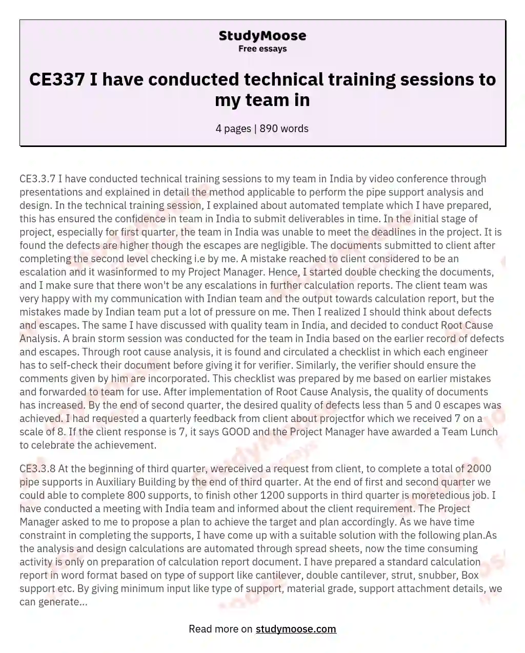 CE337 I have conducted technical training sessions to my team in essay