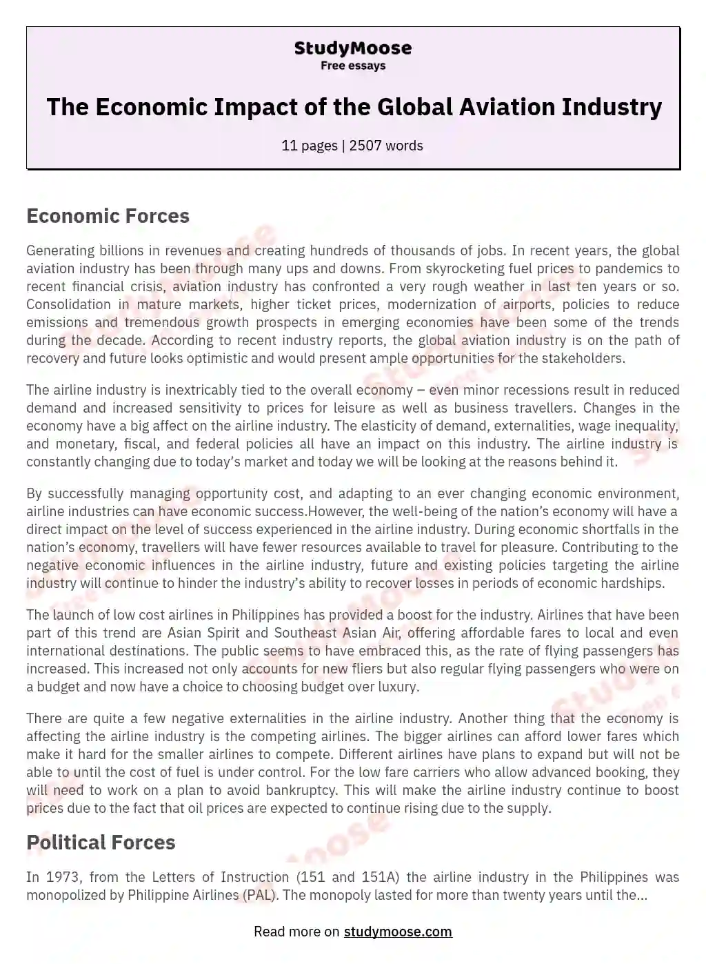 The Economic Impact of the Global Aviation Industry essay