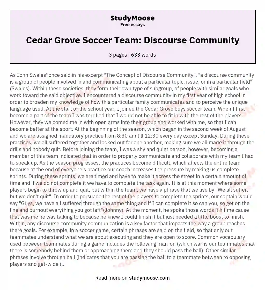 Cedar Grove Soccer Team: Discourse Community essay