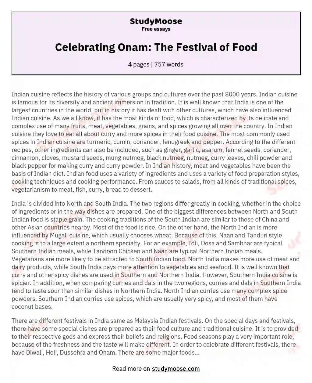 Celebrating Onam: The Festival of Food essay