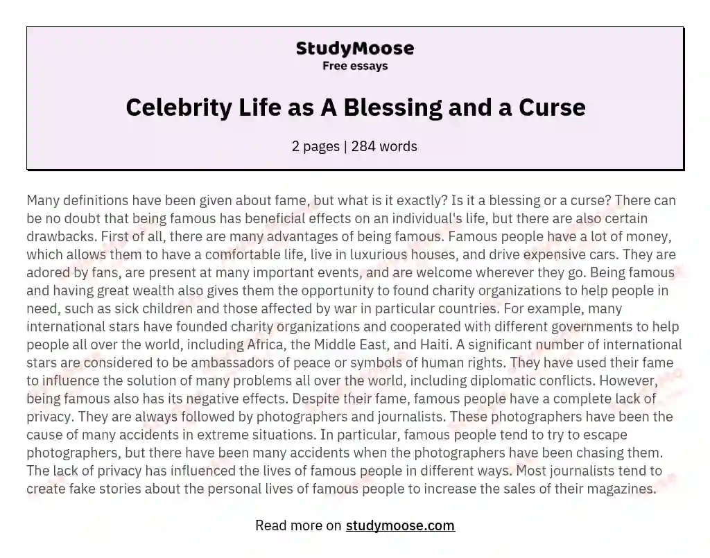 Celebrity Life as A Blessing and a Curse essay