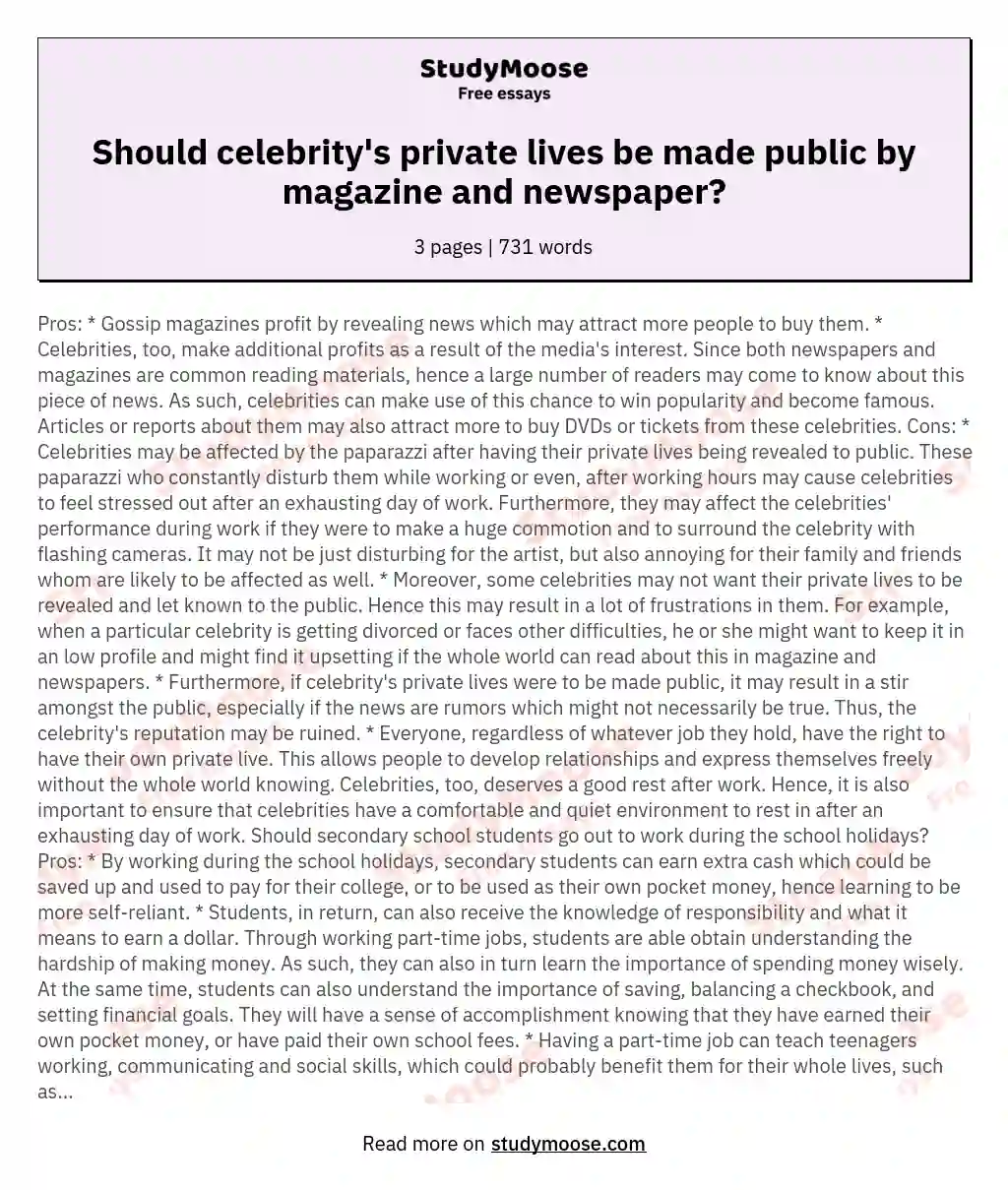 Should celebrity's private lives be made public by magazine and newspaper? essay