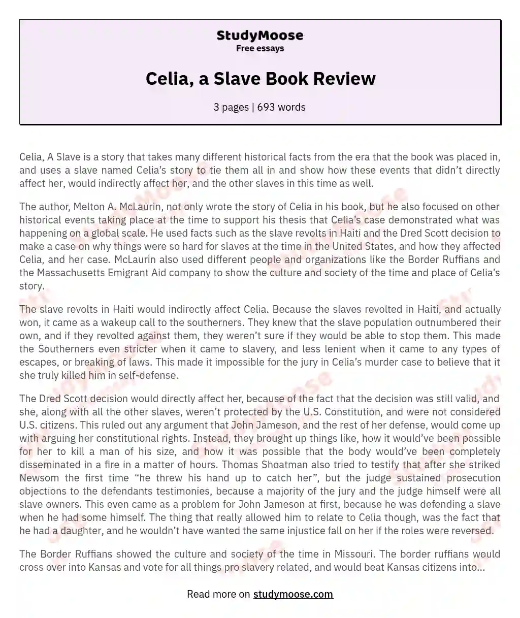 Celia, a Slave Book Review essay