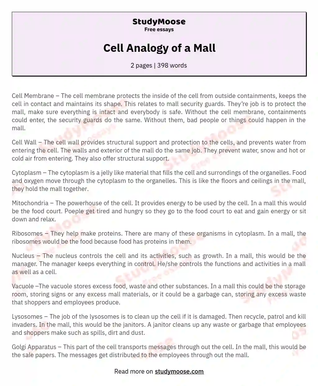 Cell Analogy of a Mall