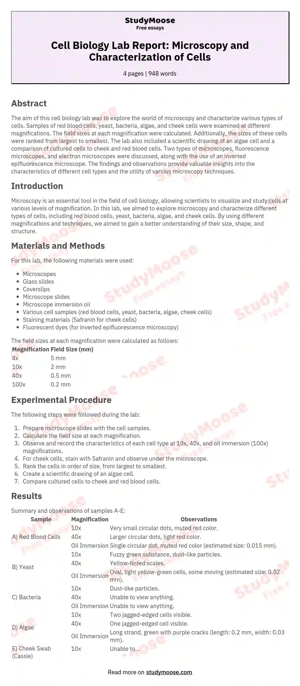 Cell Biology Lab Report: Microscopy and Characterization of Cells essay