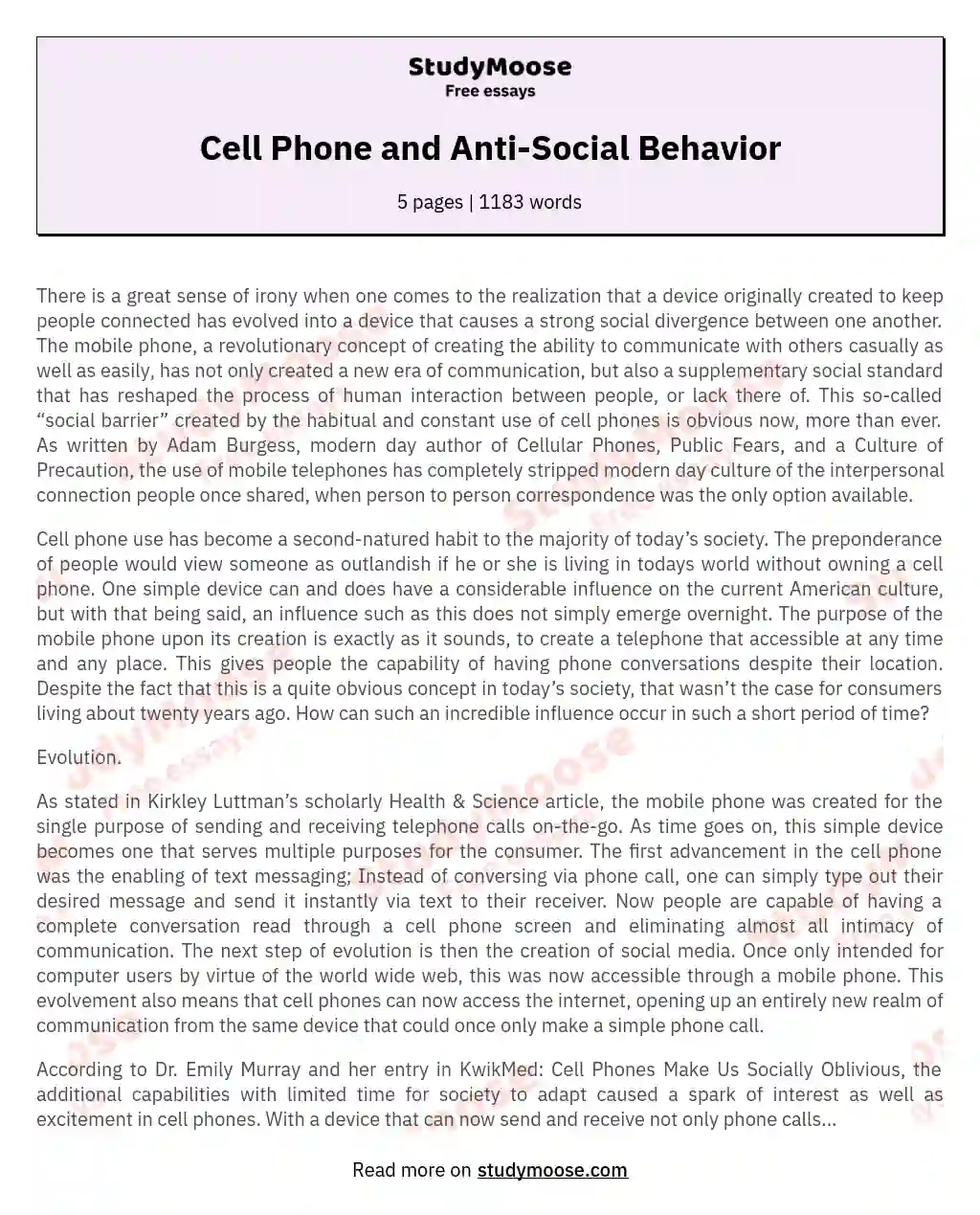 Cell Phone and Anti-Social Behavior