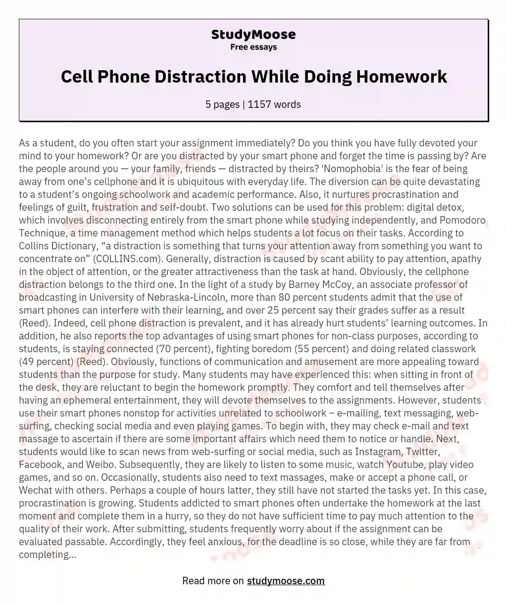 Cell Phone Distraction While Doing Homework essay