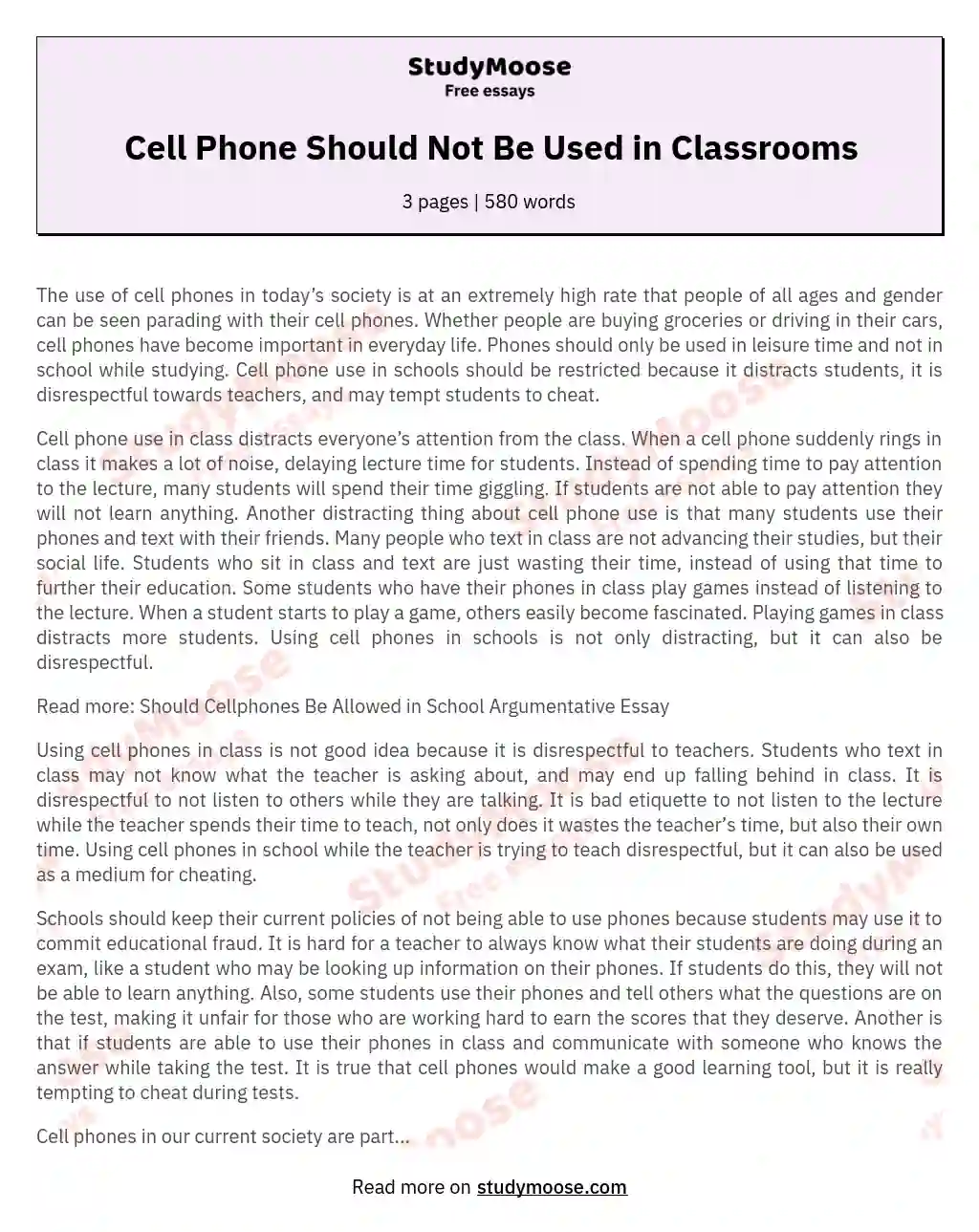 Cell Phone Should Not Be Used in Classrooms essay
