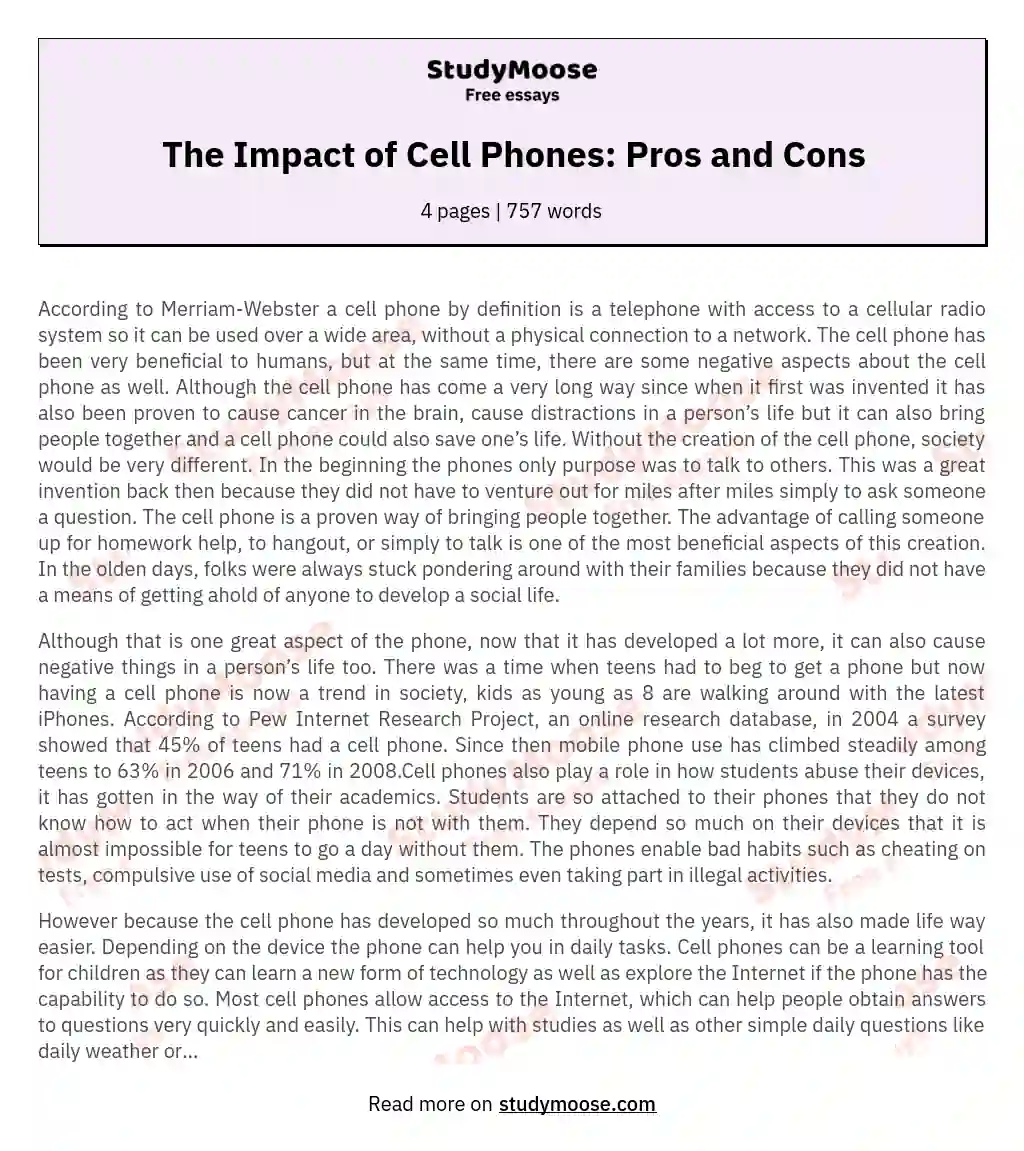 The Impact of Cell Phones: Pros and Cons essay