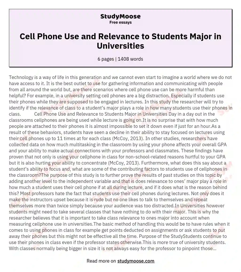 Cell Phone Use and Relevance to Students Major in Universities essay