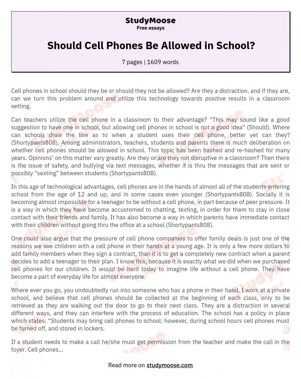 Should Cell Phones Be Allowed in School? essay
