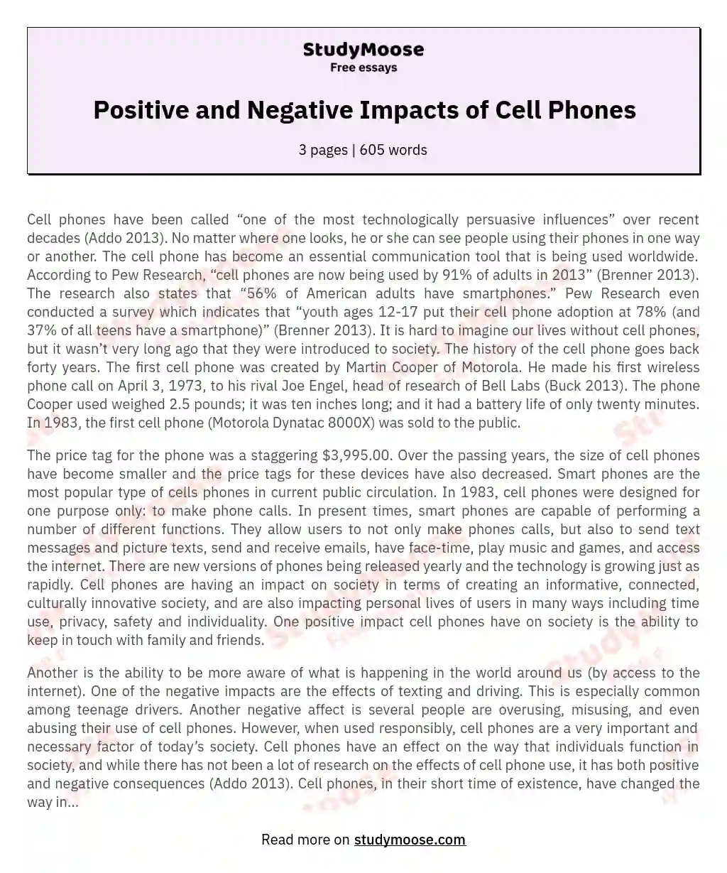Positive and Negative Impacts of Cell Phones essay