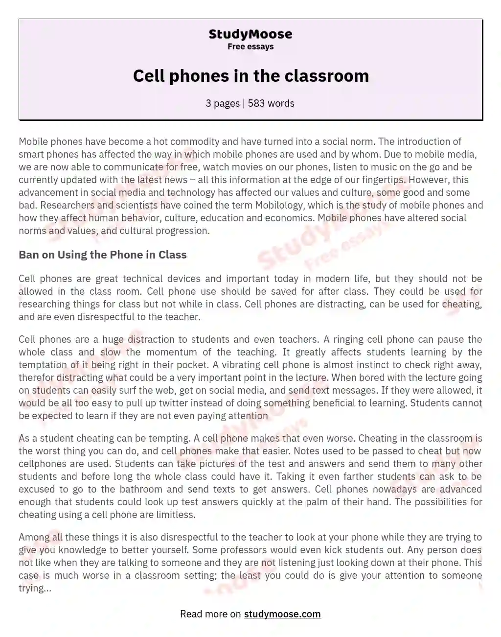 Cell phones in the classroom essay