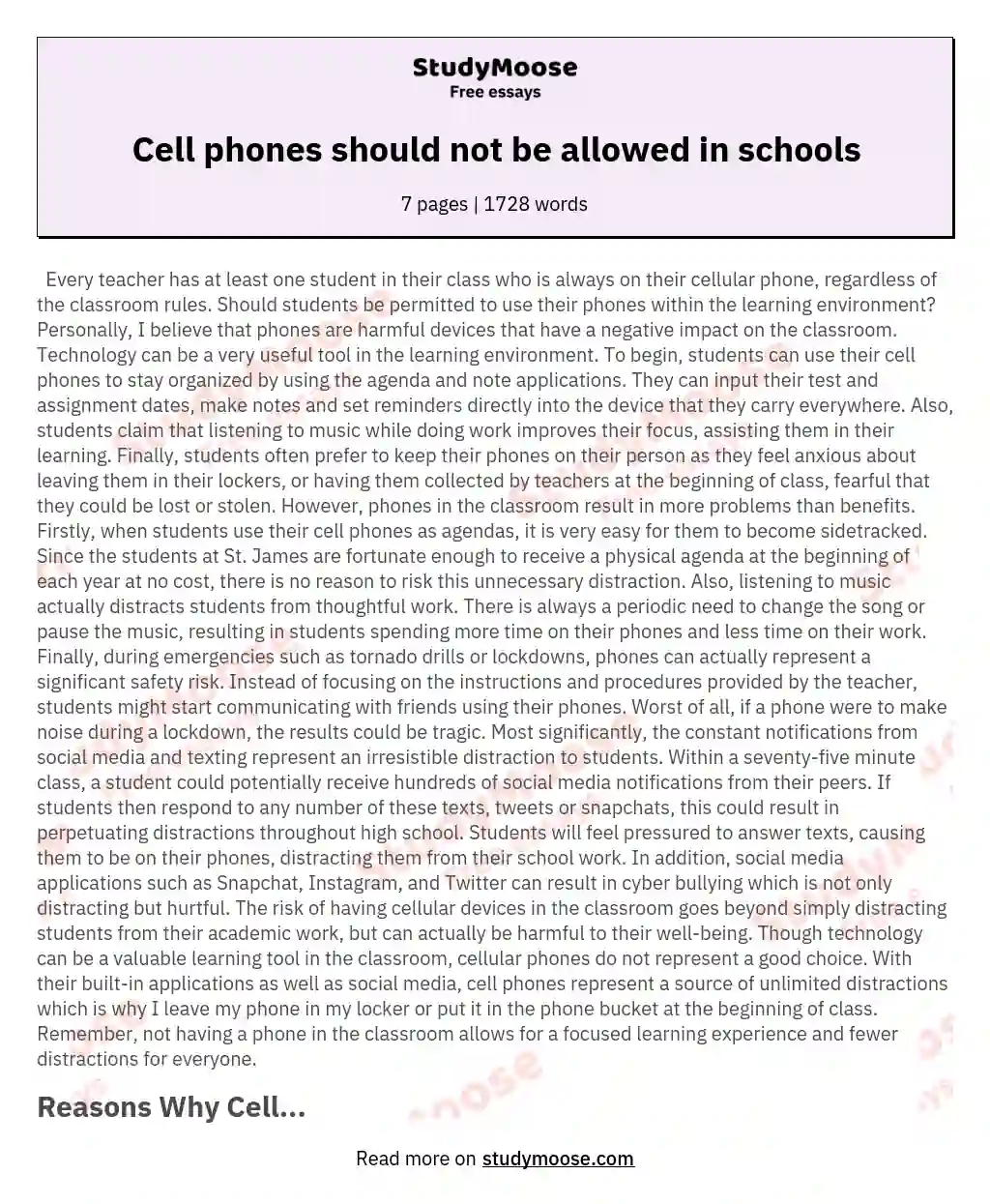Cell phones should not be allowed in schools essay
