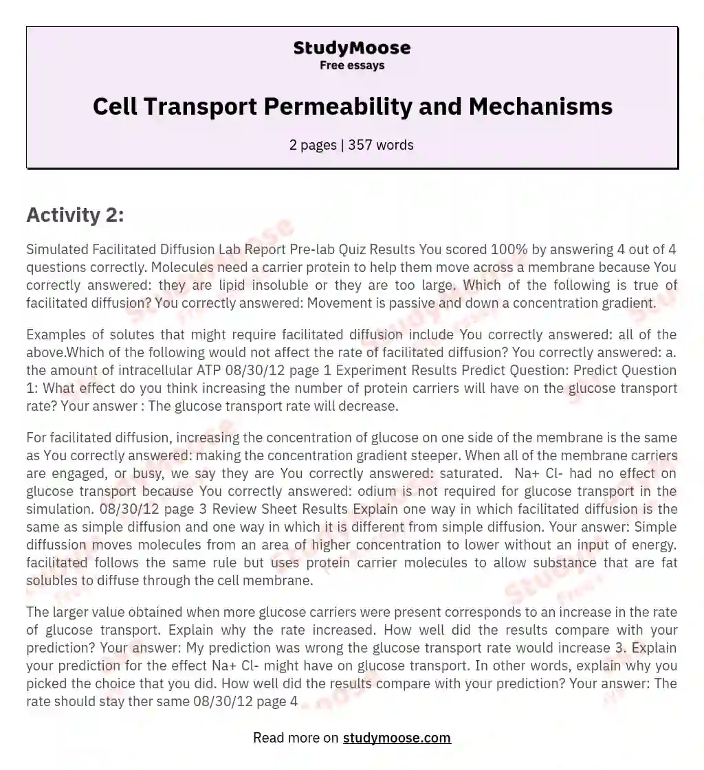 Cell Transport Permeability and Mechanisms