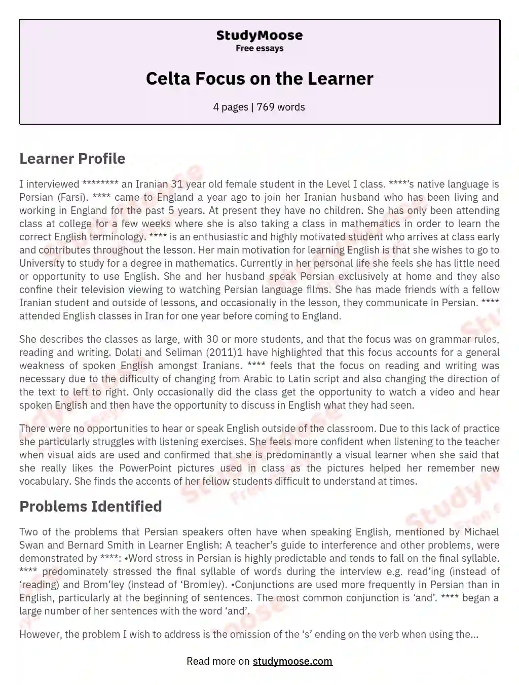 celta assignment focus on the learner sample