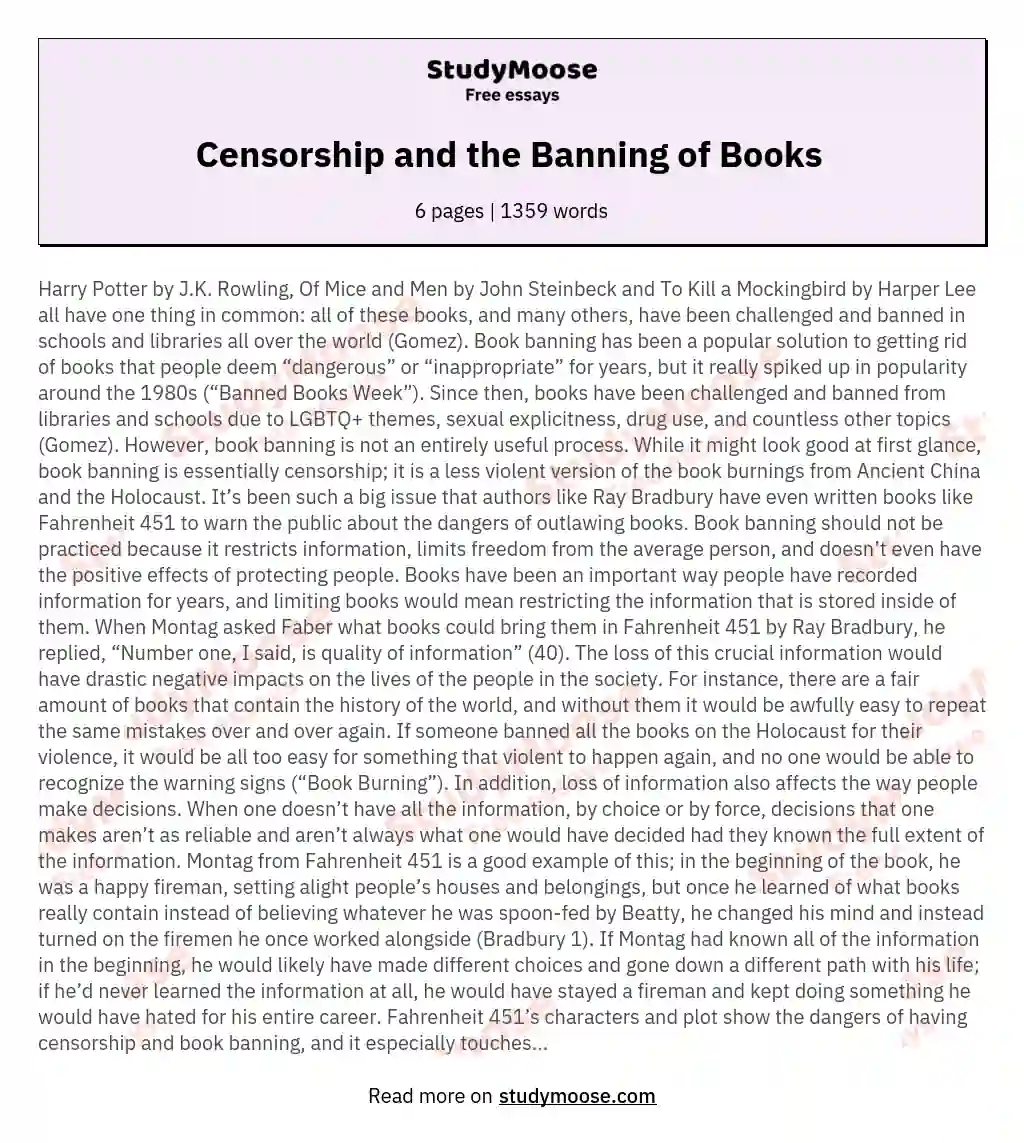 Censorship and the Banning of Books  essay