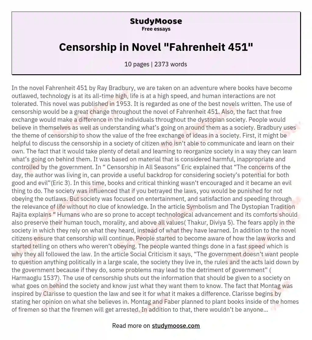 essay on fahrenheit 451 censorship