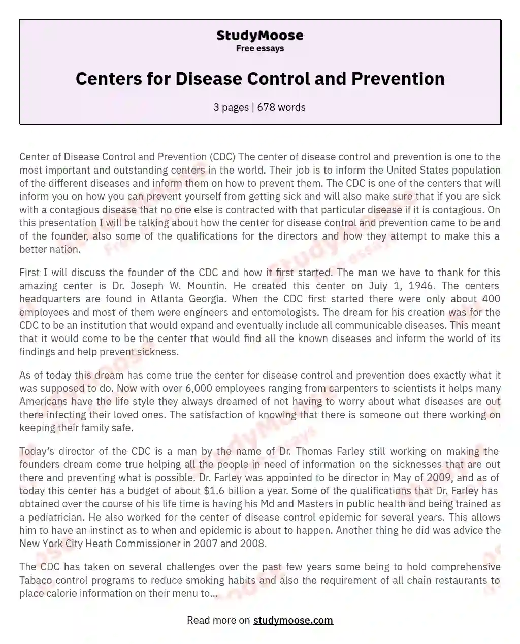 Centers for Disease Control and Prevention essay