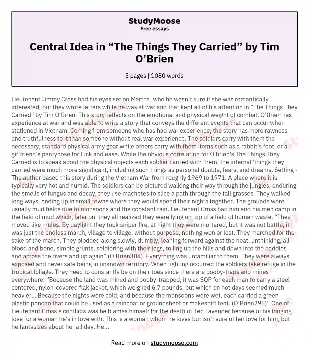 Central Idea in “The Things They Carried” by Tim O’Brien essay