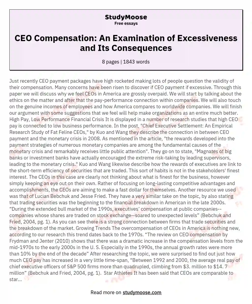 CEO Compensation: An Examination of Excessiveness and Its Consequences essay