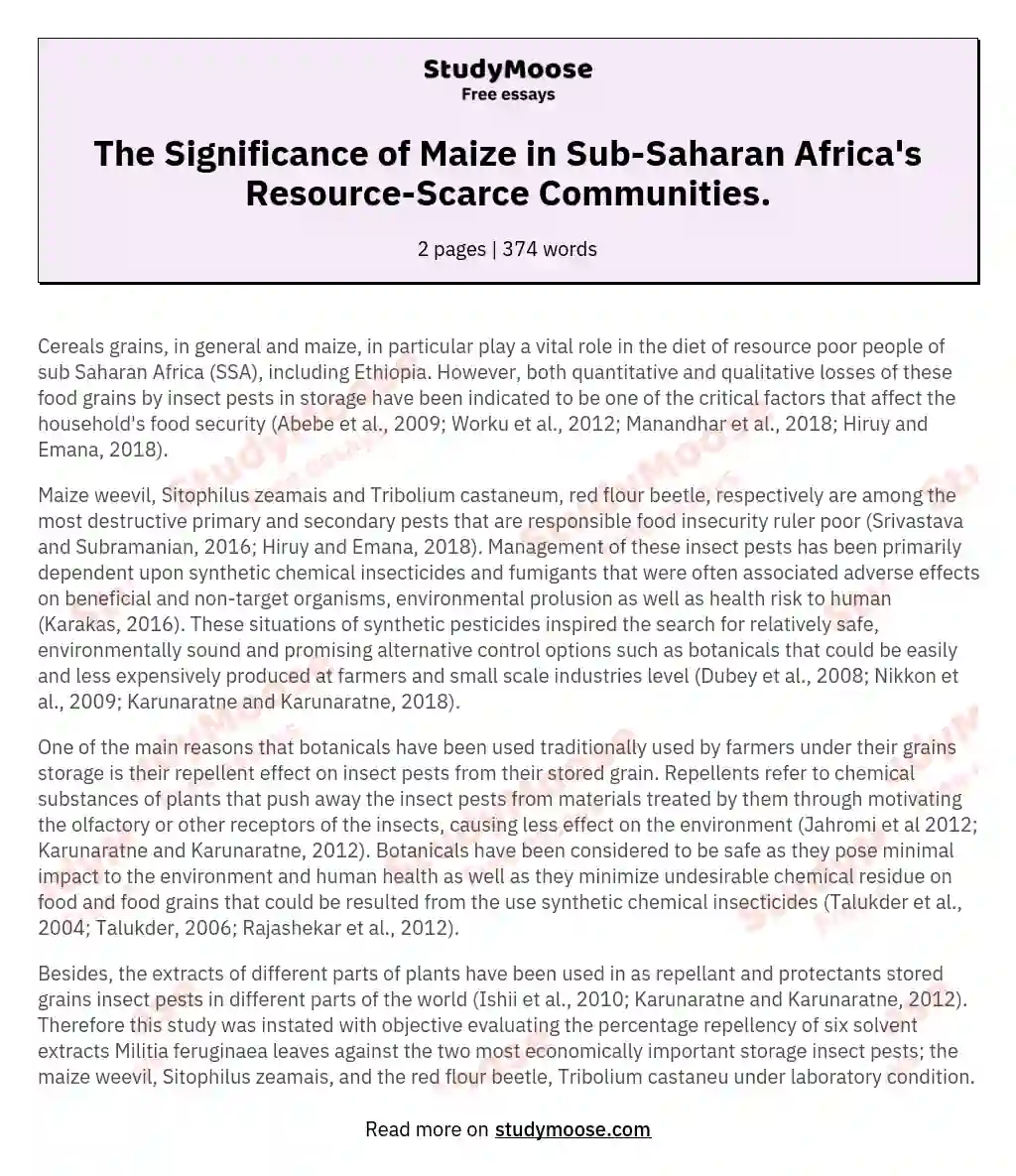 The Significance of Maize in Sub-Saharan Africa's Resource-Scarce Communities. essay