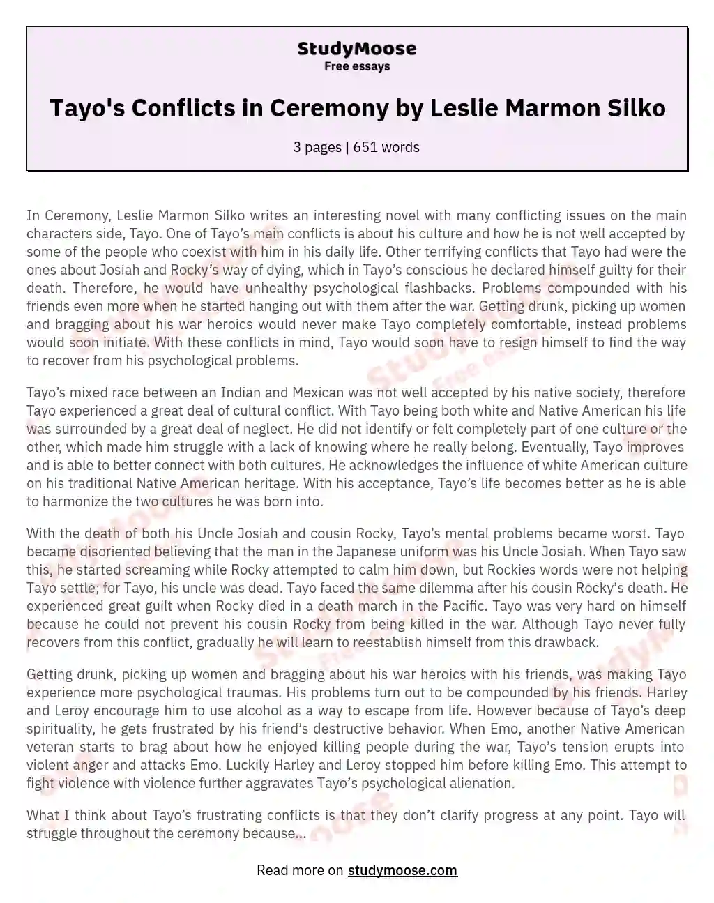 Tayo's Conflicts in Ceremony by Leslie Marmon Silko essay