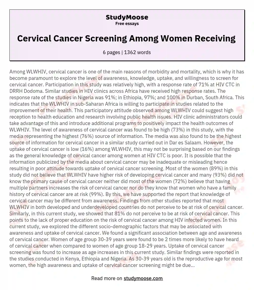 Cervical Cancer Screening Among Women Receiving  essay
