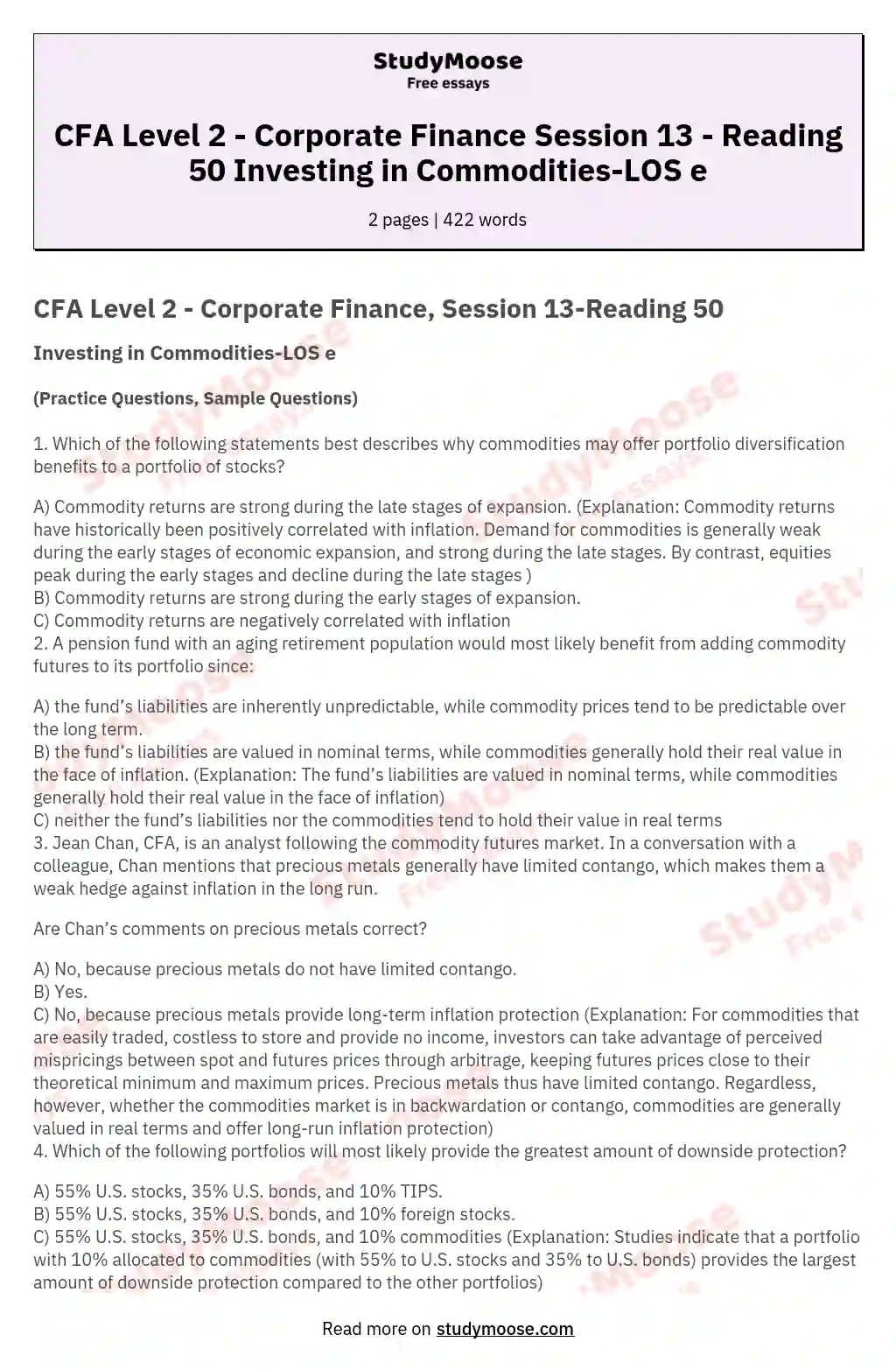 CFA Level 2 - Corporate Finance Session 13 - Reading 50 Investing in Commodities-LOS e essay