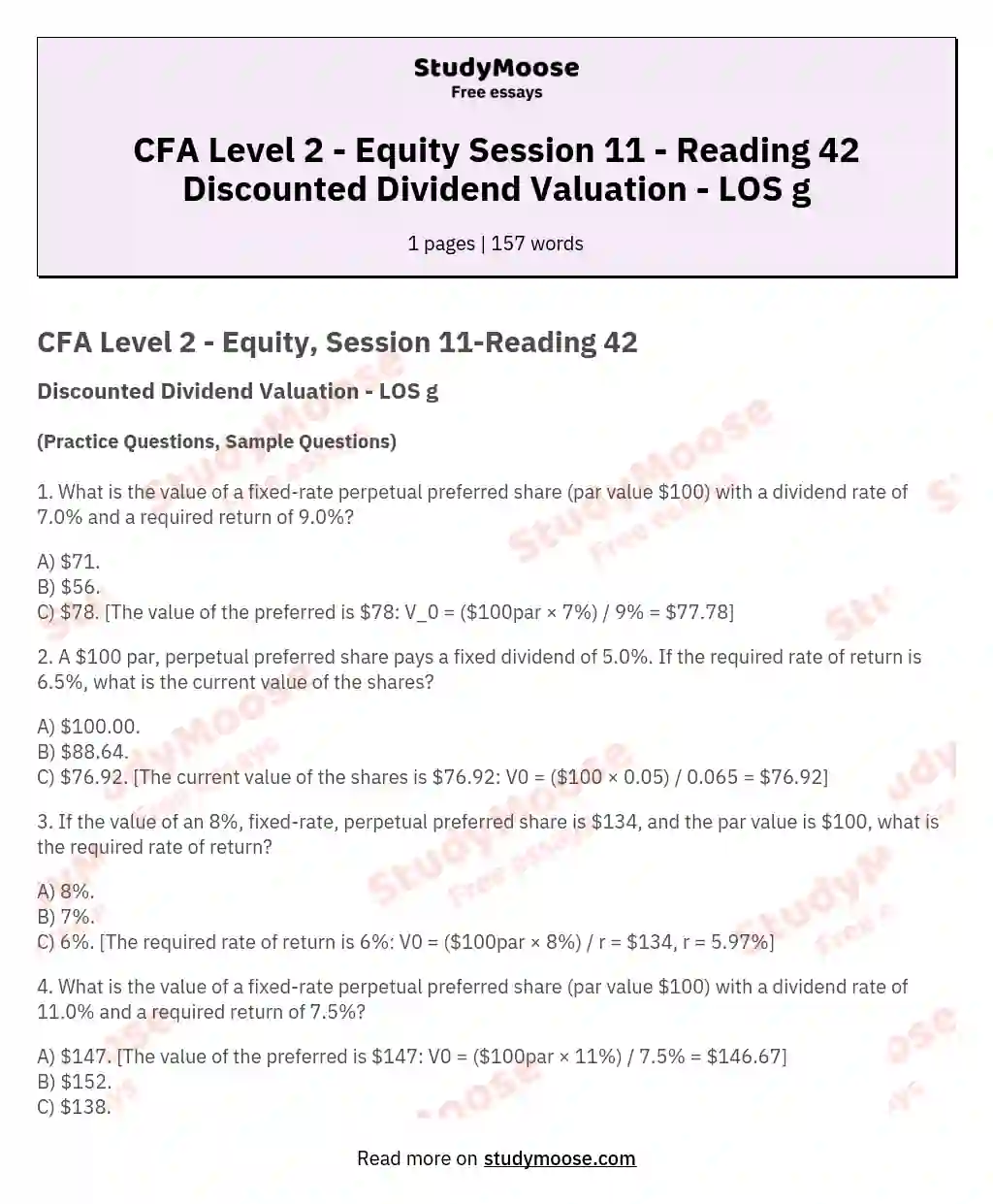 CFA Level 2 - Equity Session 11 - Reading 42 Discounted Dividend Valuation - LOS g essay