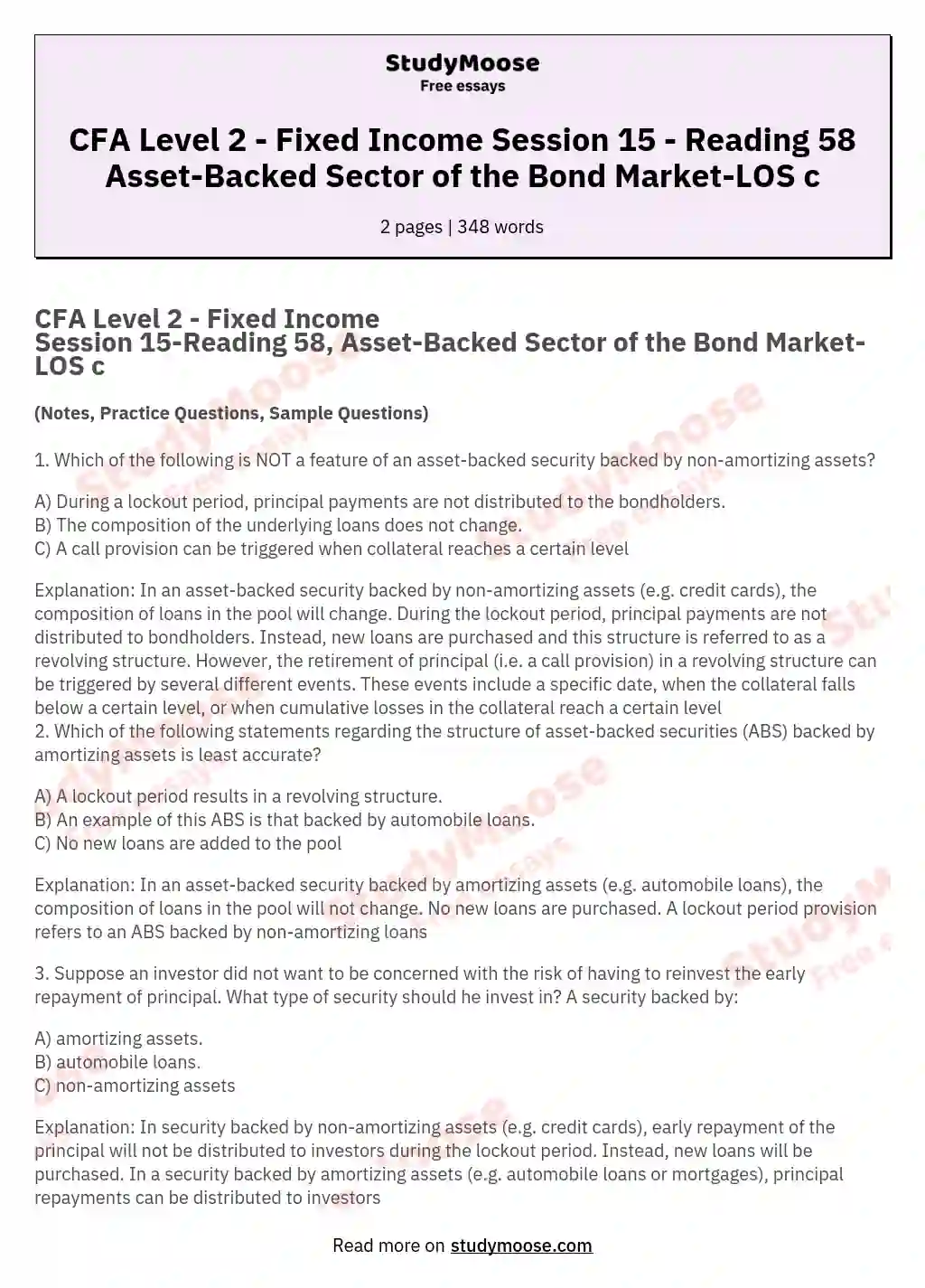CFA Level 2 - Fixed Income Session 15 - Reading 58 Asset-Backed Sector of the Bond Market-LOS c essay