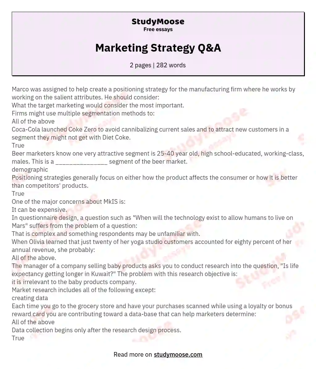 Marketing Strategy Q&A essay