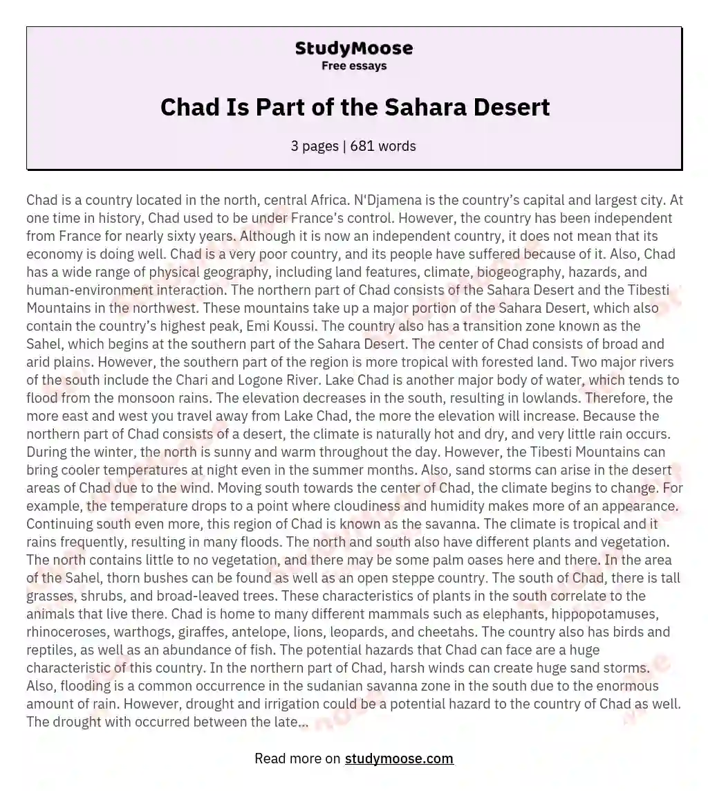 Chad Is Part of the Sahara Desert essay